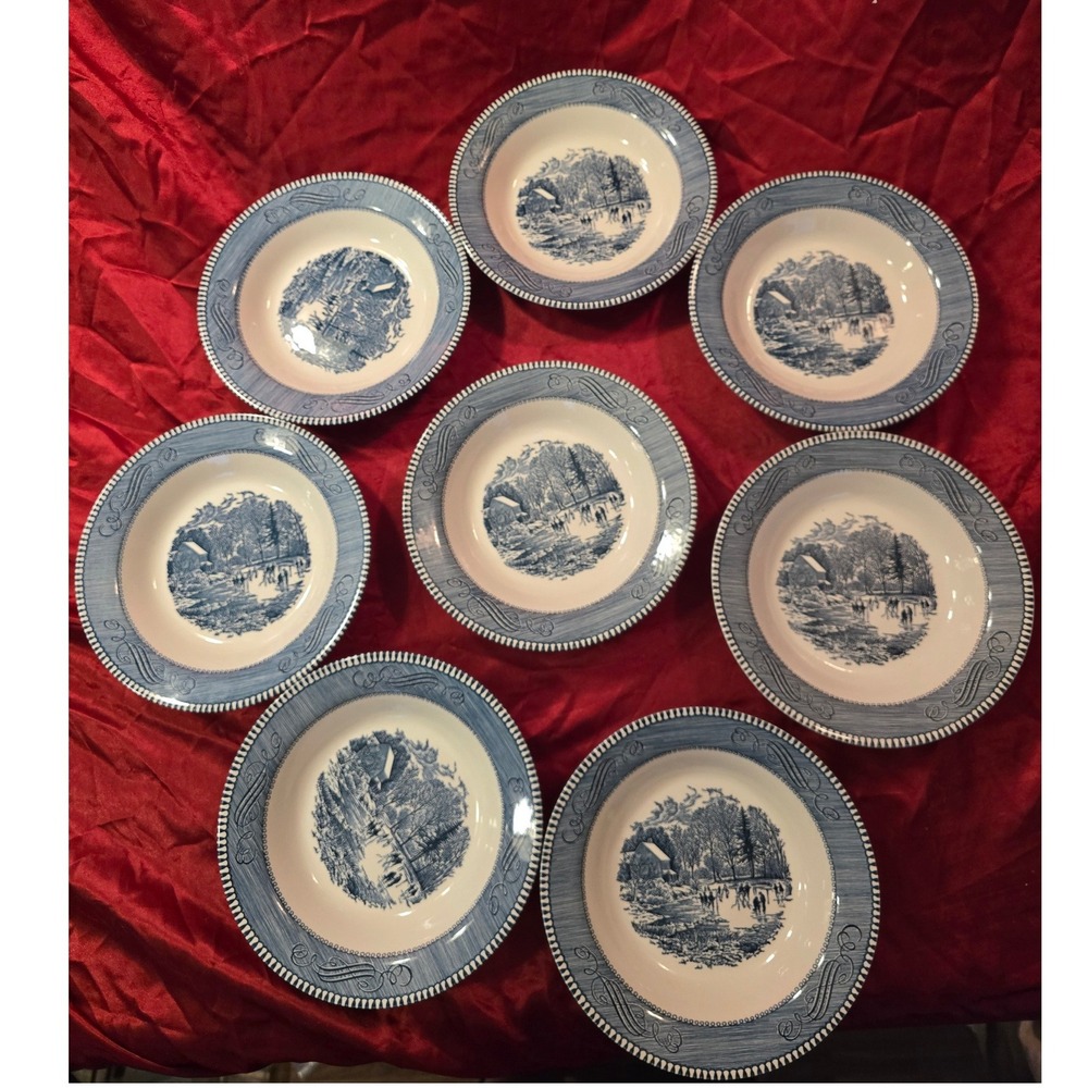 Royal Currier & Ives Early Winter Blue White Rimmed Soup Bowls Set of 8 Vintage